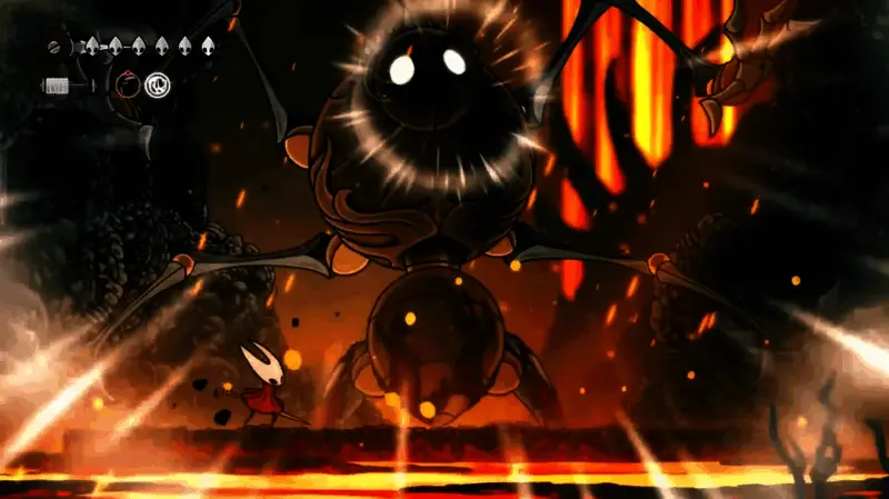 大黄蜂与一名巨型丝线操控型Boss激烈对战，空中布满飞舞的丝带与能量轨迹，战斗场面宏大