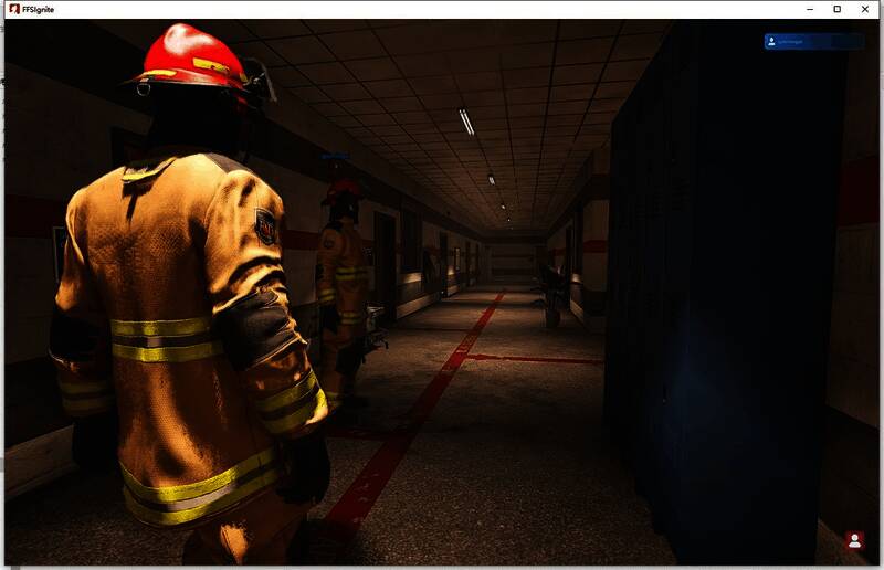 实际 gameplay 画面，多名消防员协同铺设水带扑灭建筑大火