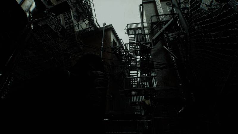 无人机航拍视角下的浣熊市全景，高楼倒塌，浓烟滚滚