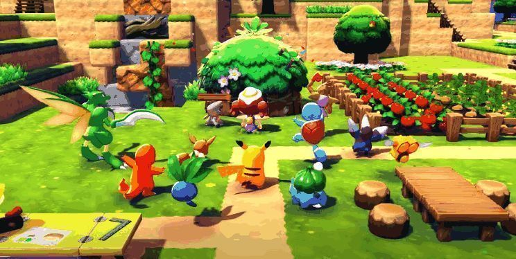 《宝可梦：Pokopia》官方宣传图，展示了一个绿意盎然、宝可梦与人类和谐共处的小镇场景，远处有风车和农田