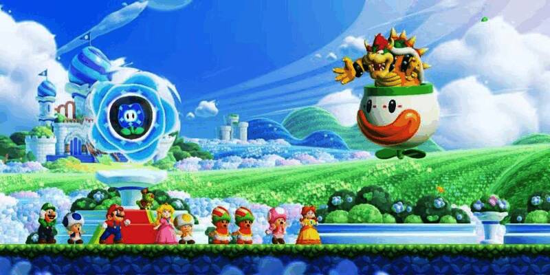 《超级马里奥》系列40周年纪念LOGO，背景融合多个经典角色剪影，其中疑似包含罗莎塔轮廓