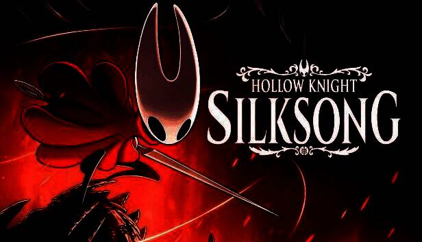 《空洞骑士：丝之歌》游戏画面展示，主角在幽暗洞穴中挥剑对抗巨型昆虫敌人，场景充满哥特式美术风格与动态光影效果