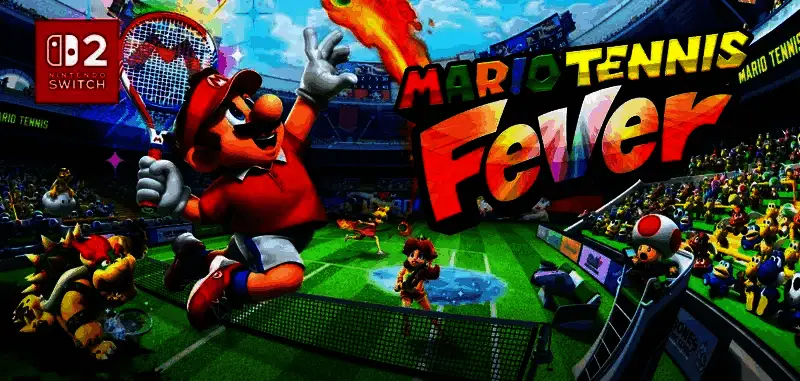《马里奥网球：狂热》官方宣传图，马里奥与角色们在色彩缤纷的网球场上激情挥拍，背景充满卡通风格特效