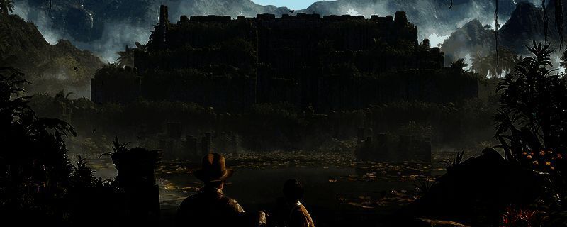 《夺宝奇兵：古老之圈》游戏画面，主角进入血色神庙场景，四周布满古老壁画与神秘符号，光线昏暗，氛围诡谲