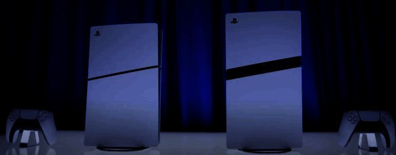 PlayStation 5主机陈列展示图，包含标准版与数字版机型，背景为蓝色科技光效