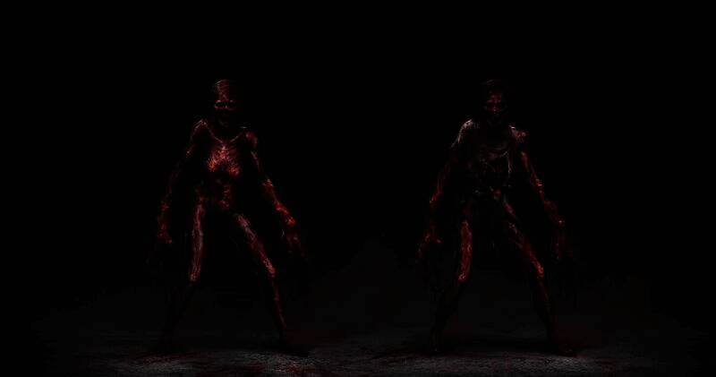 一只飞行类变异丧尸倒挂在天花板上，双臂如蝠翼展开，嘴角裂至耳根，正俯视下方持武器的玩家角色