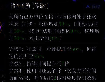 ‘诸神礼赞’技能发动瞬间，队友周身泛起紫色狂欢光效，技能条快速充能