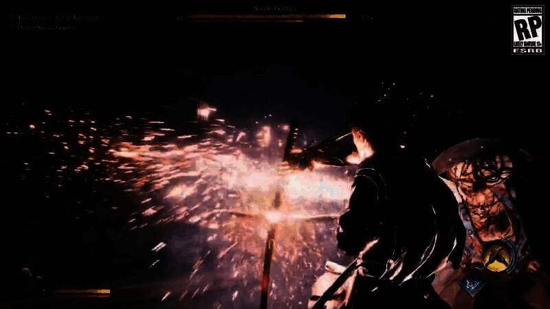 《鬼武者：剑之道》中主角武藏进入炽焰状态，刀身缠绕蓝色火焰，周围光影闪烁，战斗氛围紧张激烈