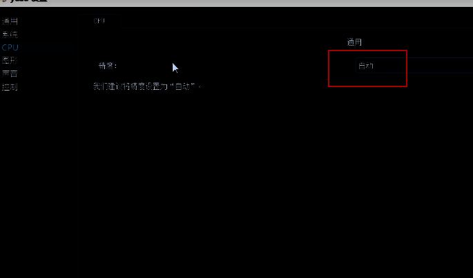 CPU设置页面，执行精度已设置为‘自动’选项