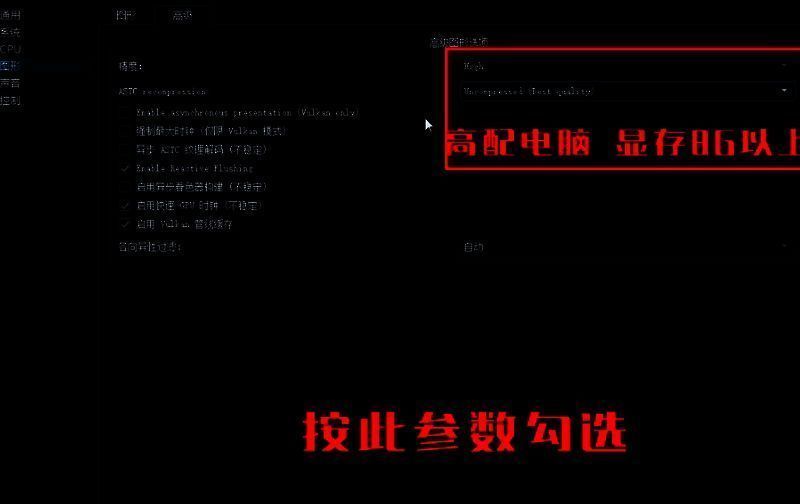 高配机型设置截图，ASTC选择无损解压模式以追求最佳画质