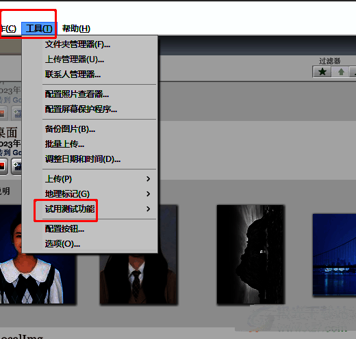 Picasa软件主界面，菜单栏清晰可见，正在进入‘工具’选项进行功能设置