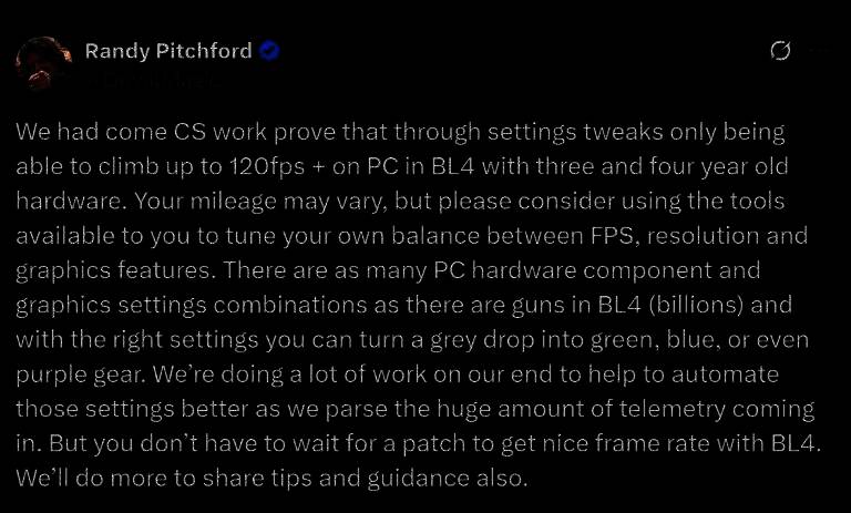 兰迪・皮奇福德在社交媒体发布的声明截图，配文解释《无主之地4》性能情况，语气自信且坚定