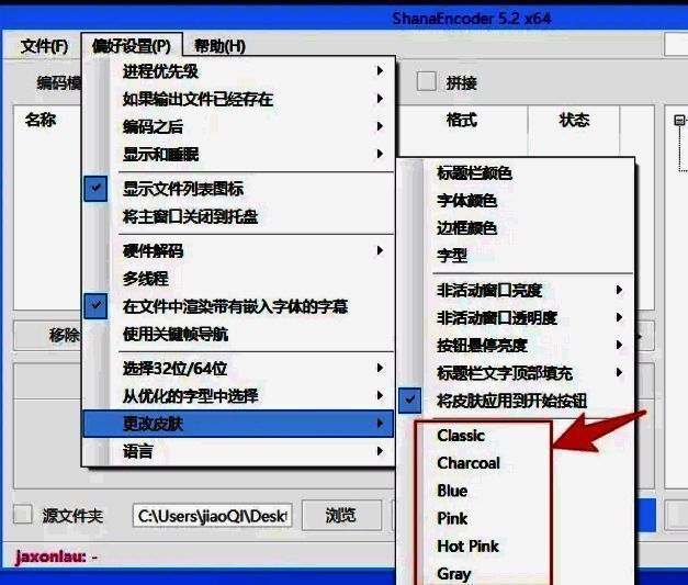 皮肤选择窗口中展示了多个不同颜色风格的皮肤缩略图，包括深色与浅色主题