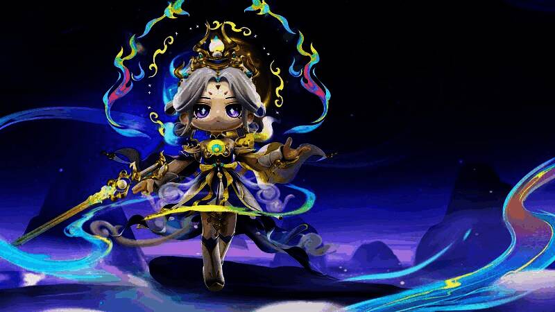 桃子神话皮肤朝闻道展示图，其手持长剑立于星穹之上，身后是崩塌的劫云与升起的神光