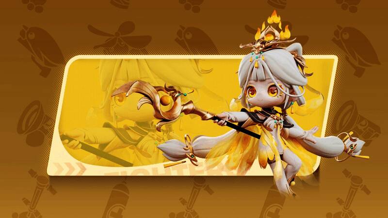 羲和角色概念图，身着金色焰纹长裙，手托一轮烈日，光芒四射