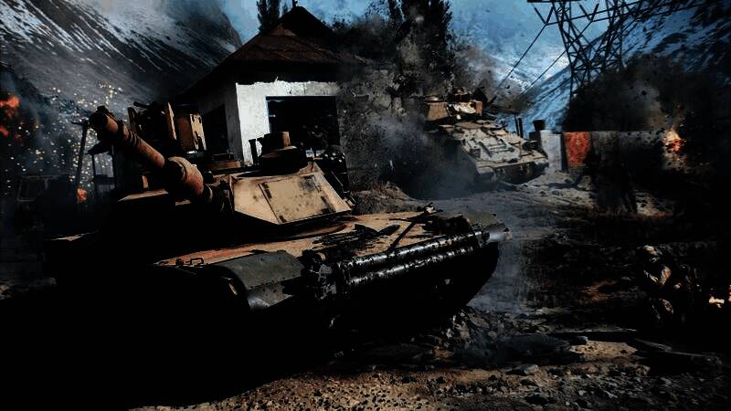 《战地6》游戏中建筑物被炸毁的瞬间，墙体崩塌、碎片飞溅，展现出高度拟真的破坏效果