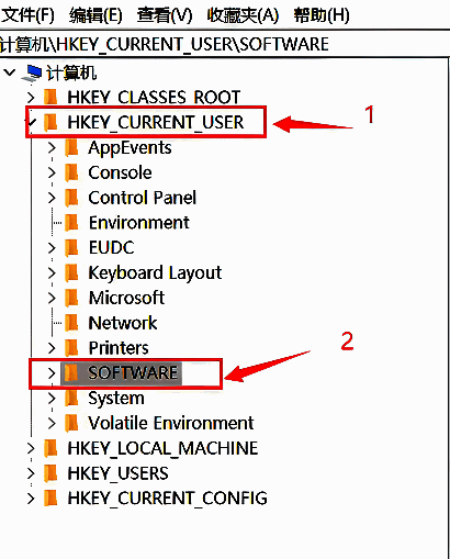 注册表编辑器中展开HKEY_CURRENT_USER和SOFTWARE目录的界面