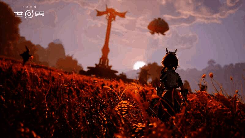 沙漠遗迹区域实景图，巨大石像耸立，沙尘微粒飘散，营造神秘古老的探险氛围