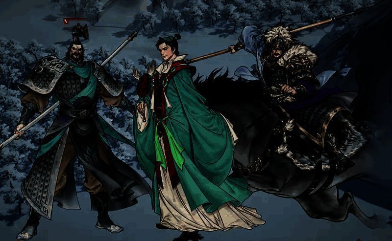 郭嘉施展法术，天空雷电闪烁，敌方士兵被定身控制，我方武将蓄势待发准备输出