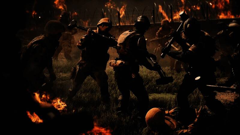 《战地6》多人战场激烈交火场景，士兵在硝烟中奔跑，爆炸光影四起，展现现代战争氛围