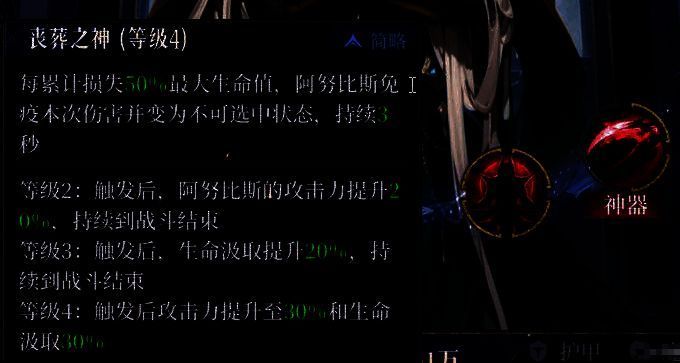 技能界面显示‘丧葬之神’激活状态，角色周身环绕幽绿色光环，血条呈暗红色，攻击力数值飙升