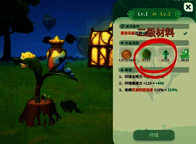 游戏内米姆属性面板对比图，清晰标注各级别米姆对应的晶石产出类型