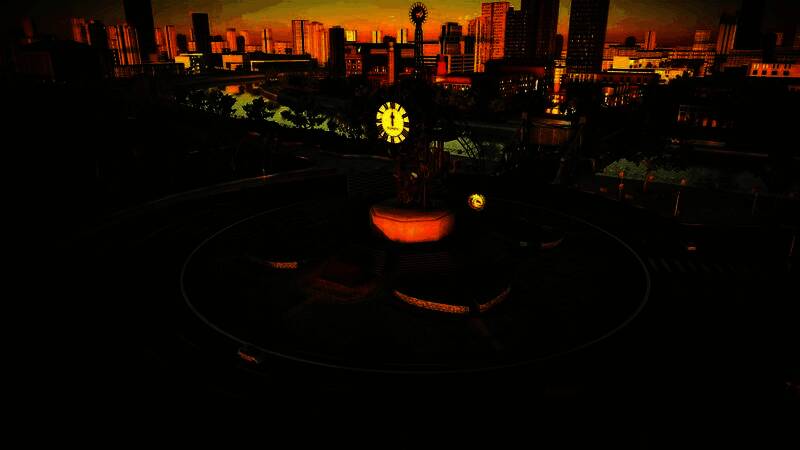 车辆开启滑翔模式飞跃断桥，空中姿态流畅，城市远景清晰可见