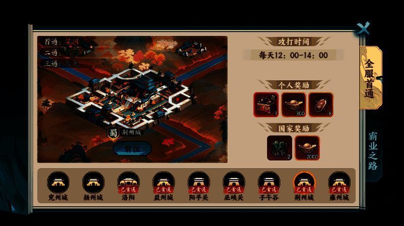 霸业之路进度条界面，五个阶段清晰划分，已完成阶段已点亮