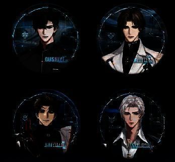 多款角色立牌与马口铁徽章组合陈列，展现细腻画风与精致包装