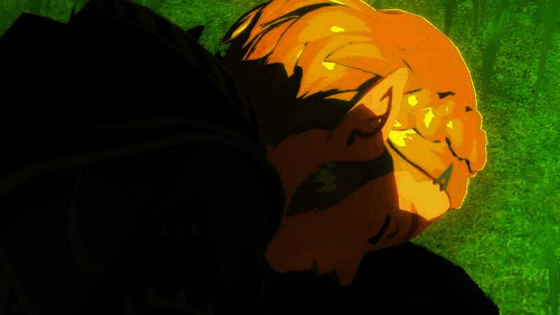 初代国王劳鲁身穿金色铠甲，手持火焰长剑与巨大魔物激烈交战