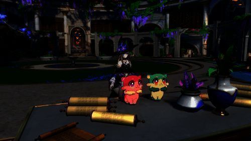 一只可爱的奇美拉蹲坐在石台上，眼睛明亮，尾巴轻轻摆动