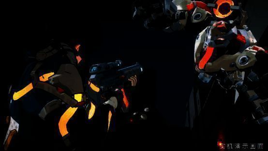 战斗场景截图，主角使用电磁炮轰击空中飞行单位，背景是崩塌的城市废墟和紫色能量风暴