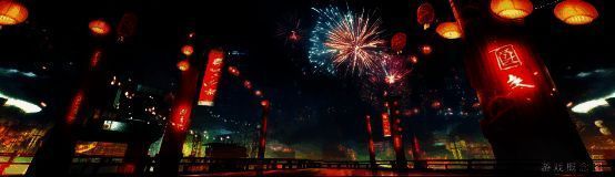 新春活动关卡场景，红色灯笼悬挂在未来城市街道上方，主角与队友合力对抗巨型龙头机械怪物