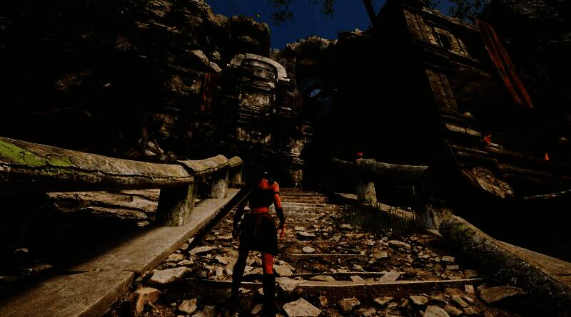 《黑光生存进化》神秘神庙地图全景俯瞰图，古老石阶蜿蜒而上，两侧岩壁刻满未知符文，氛围诡谲