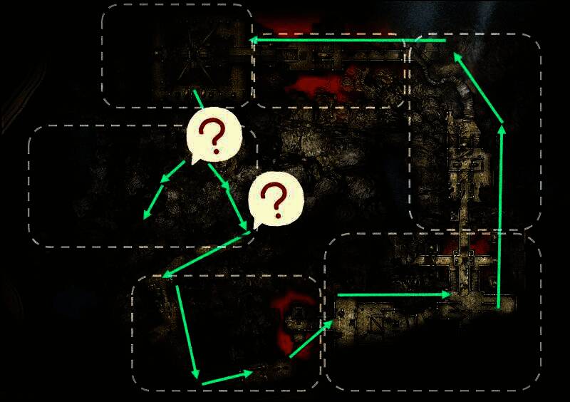 玩家角色手持武器行走在狭窄石阶上，前方黑暗中浮现发光的眼睛，预示敌人潜伏