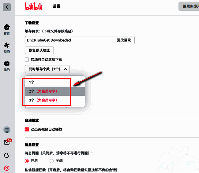 下拉菜单展示可选的同时缓存数量，包括1个、3个、5个等不同级别