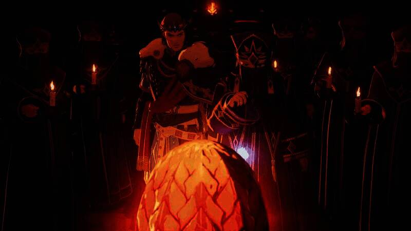 主角与伙伴在废墟城市中并肩前行，天空乌云密布，远处有巨龙身影掠过