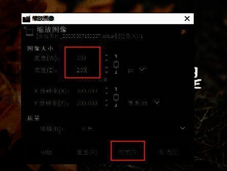 缩放图像参数设置完成后的预览界面，右侧显示即将应用的新尺寸数值