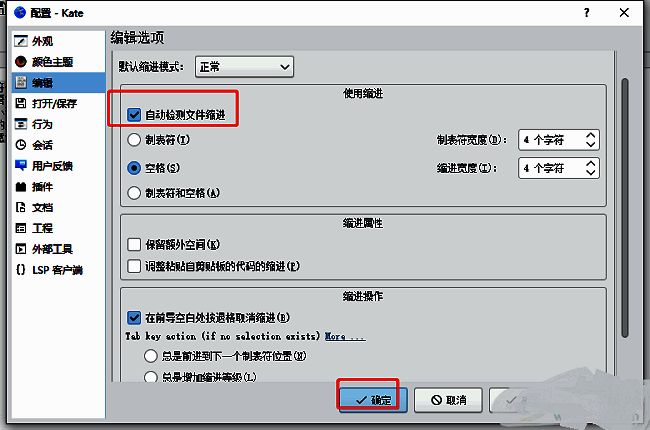 右侧设置区域中‘自动检测文件缩进’选项已被勾选，应用和确定按钮位于窗口底部右侧
