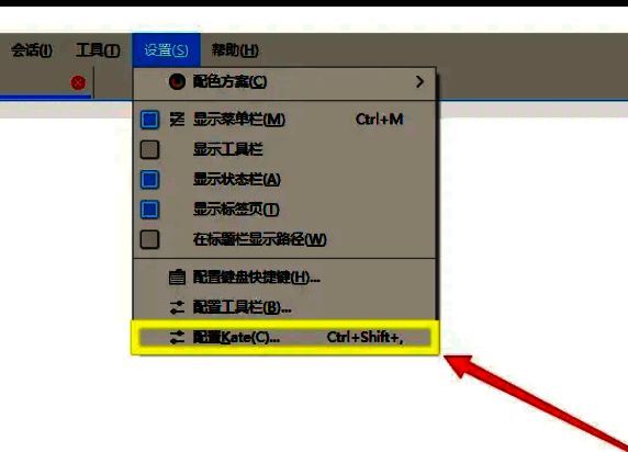Kate配置选项列表页面，'配置'条目被选中，界面下方显示详细的设置模块入口