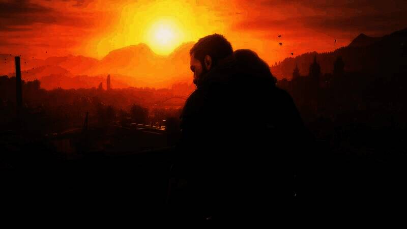 游戏内预购奖励概念图，展示主角使用变异能力飞跃高楼，手中握有发光武器，背景为血色天空