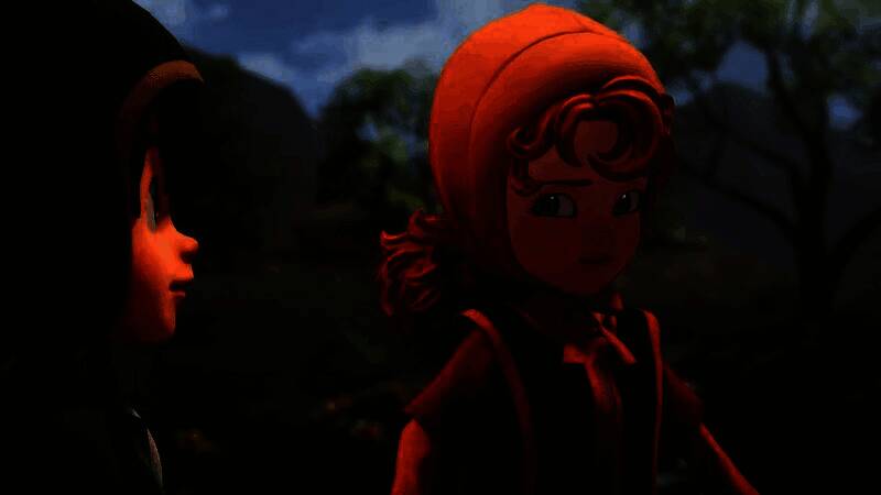 主角团队在悬崖边缘眺望远方，背景是巨大的浮空岛屿群