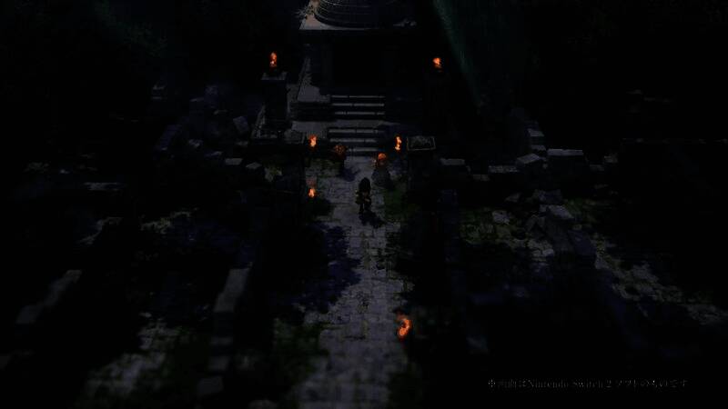 地下城探索场景，昏暗灯光下角色持武器谨慎前行