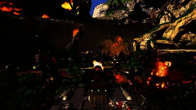 《无主之地4》主机 gameplay 画面，展示第一人称射击场景中的动态模糊与环境细节