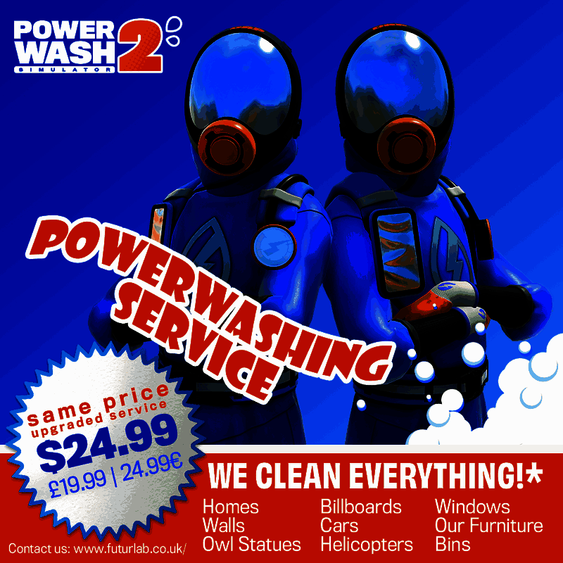 两名玩家在《冲就完事模拟器2》中合作清理一辆满是泥浆的卡车，一人操作水枪，另一人涂抹清洁剂，画面充满欢乐氛围