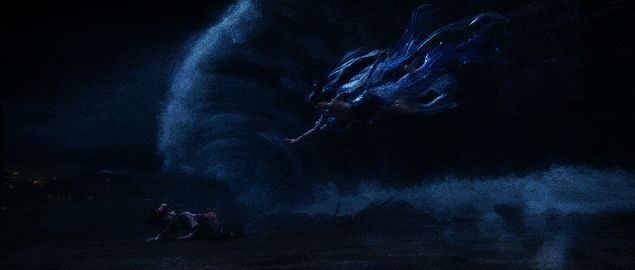 ‘潮光’流派角色施展技能，水流环绕周身形成炫目光效，敌人被巨浪击飞