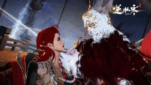 玩家角色身穿青花瓷主题新春时装，袖口泛起点点蓝光，缓缓旋转展示