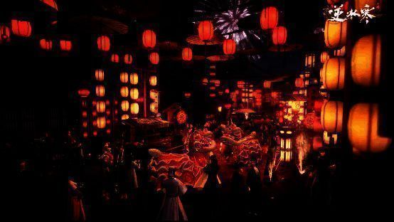 除夕庆典场景，天空绽放绚丽烟花，玩家们聚集广场共同倒数迎新年