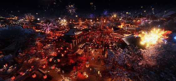 玩家与NPC携手放飞孔明灯，灯光缓缓升空照亮夜空