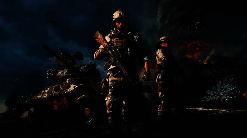 《战地6》游戏场景截图，士兵身穿战术装备在废墟中交火，画面风格写实冷峻